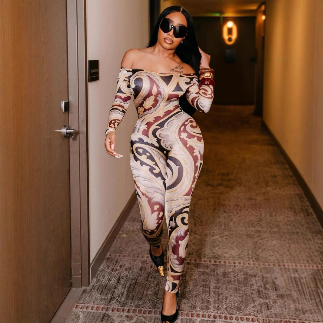 Sexy Damen Off-Shoulder Jumpsuit mit Print – figurbetont & tailliert