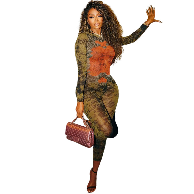 Sexy Damen Mesh Jumpsuit mit Print – High Waist, Slim Fit & Reißverschluss