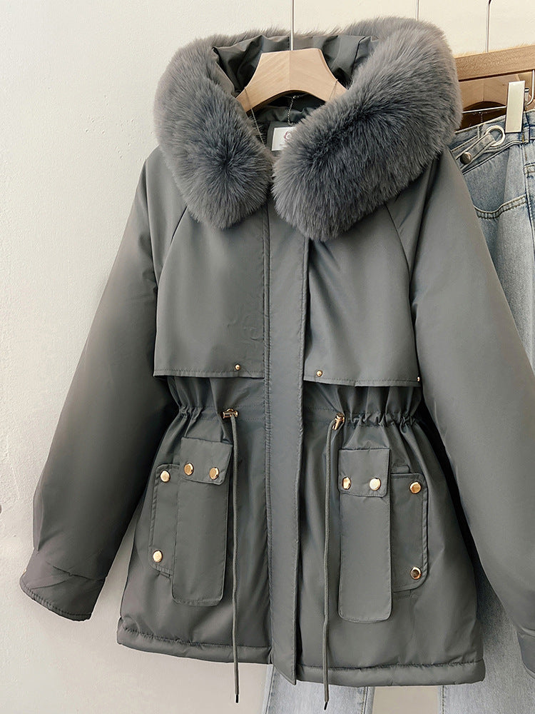 Damen Oversize Steppmantel aus Baumwolle mit großem Kunstfellkragen