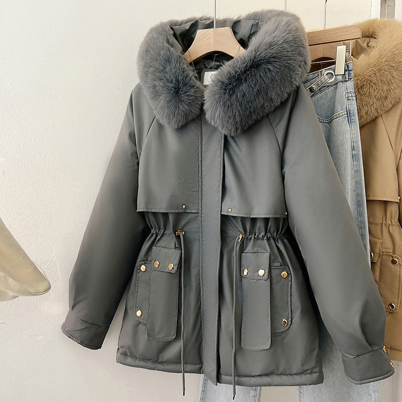 Damen Oversize Steppmantel aus Baumwolle mit großem Kunstfellkragen