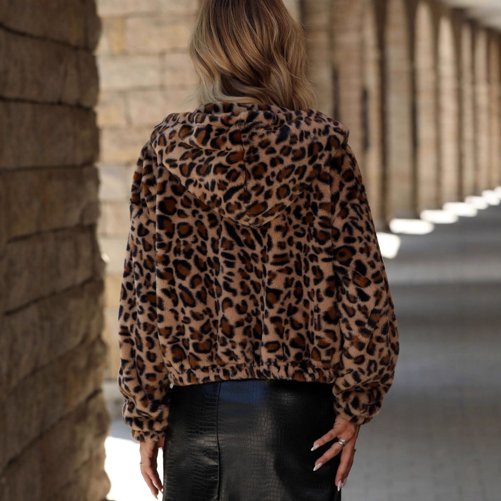 Damen Oversize Plüschjacke mit Leopardenprint & Reißverschluss