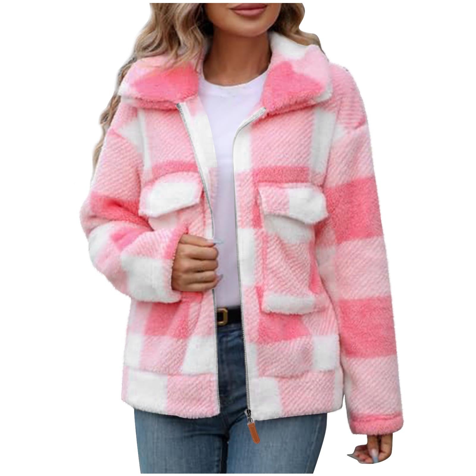 Warme Damen Fleece-Jacke mit Karomuster und weichem Teddyfell