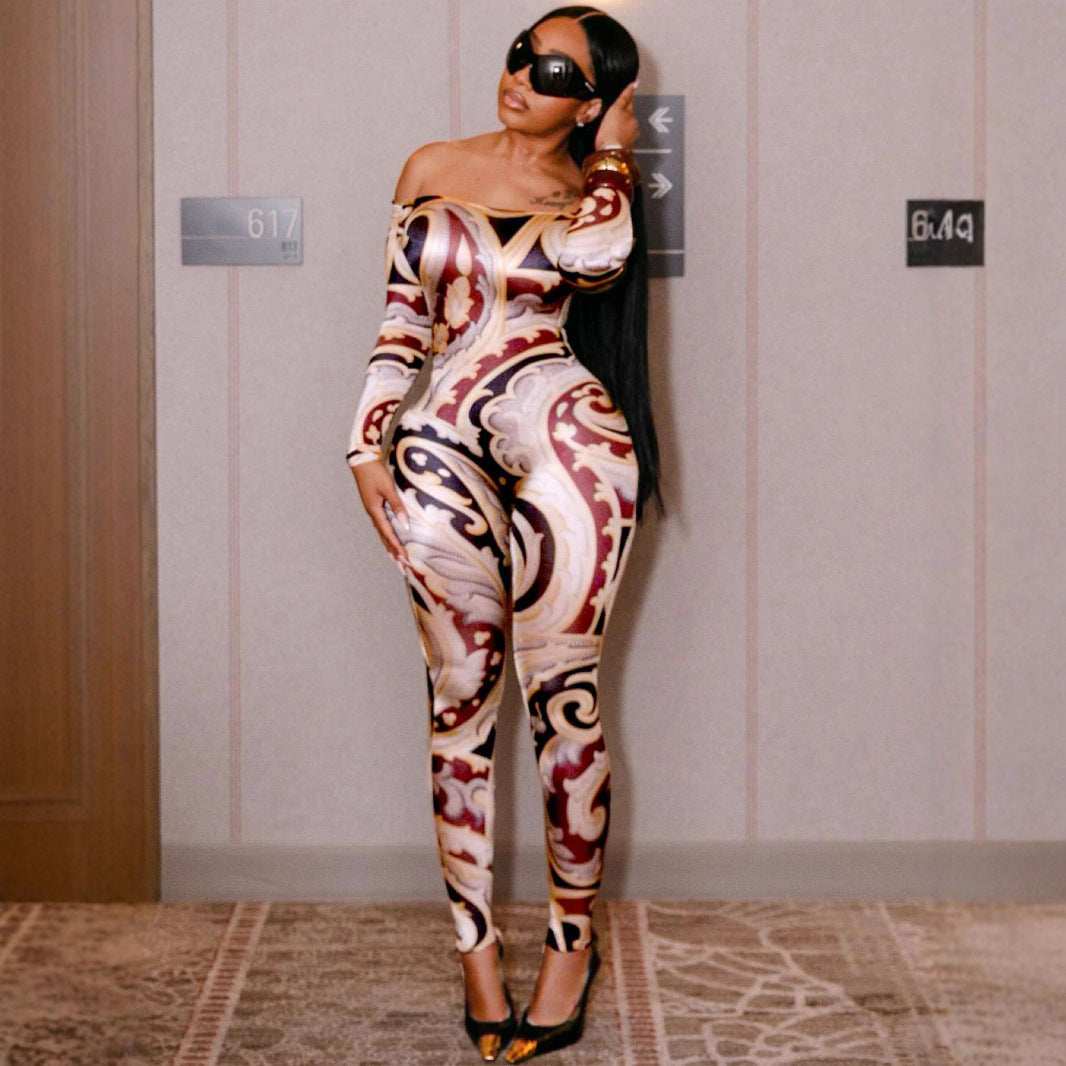 Sexy Damen Off-Shoulder Jumpsuit mit Print – figurbetont & tailliert