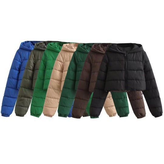 Damen Cropped Puffer Jacke aus Baumwolle mit Kapuze – mehrfarbig
