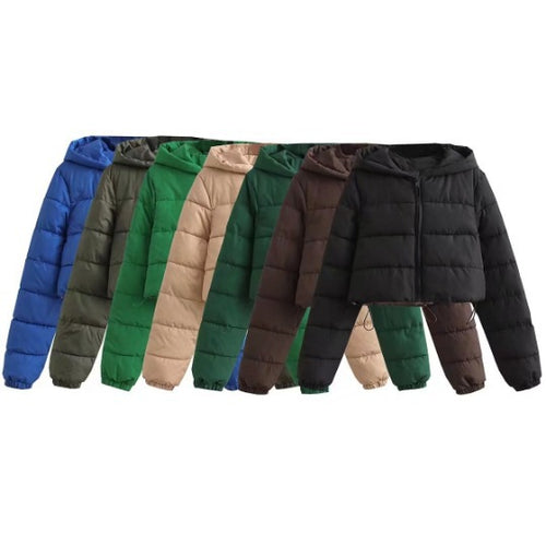 Damen Cropped Puffer Jacke aus Baumwolle mit Kapuze – mehrfarbig