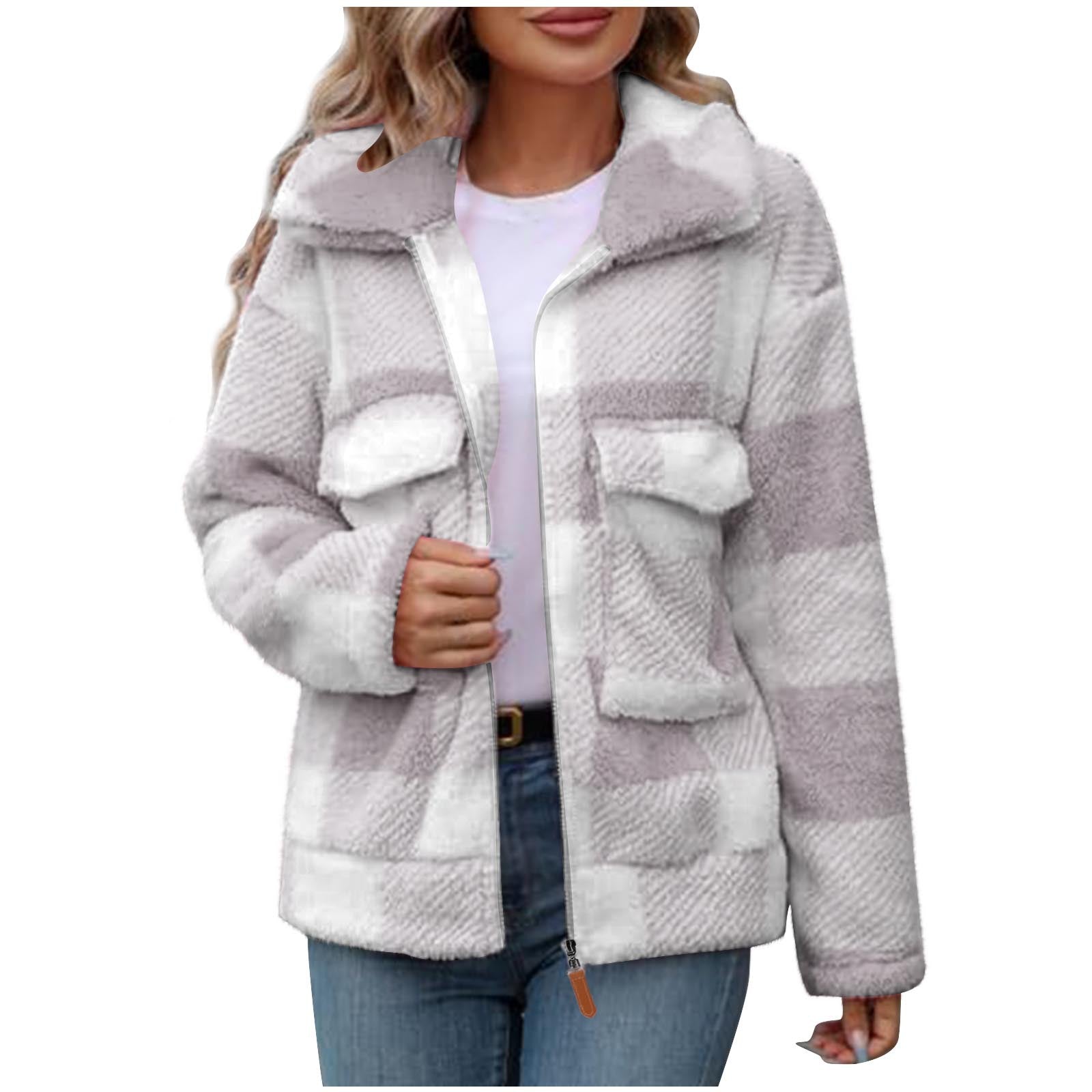 Warme Damen Fleece-Jacke mit Karomuster und weichem Teddyfell