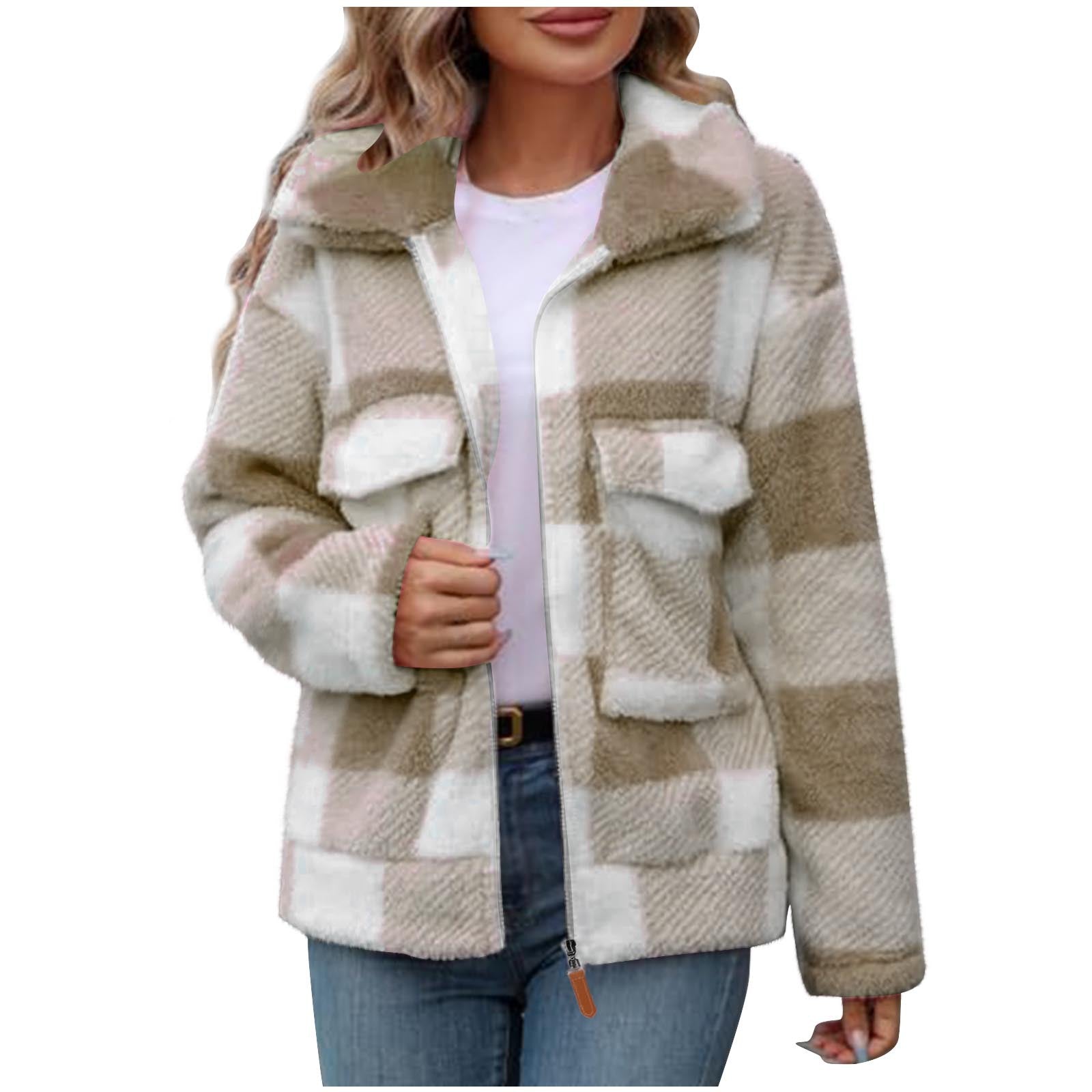 Warme Damen Fleece-Jacke mit Karomuster und weichem Teddyfell