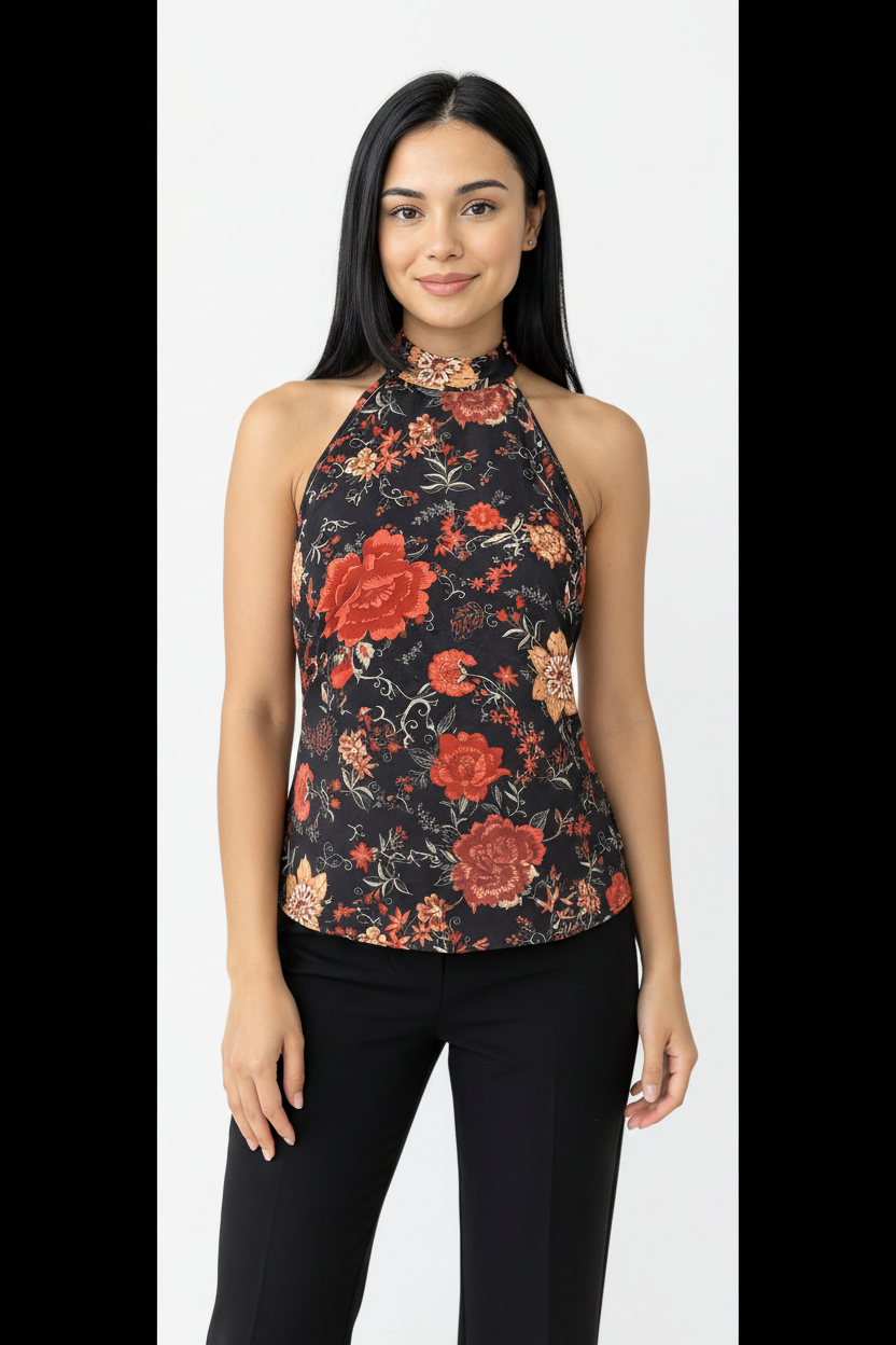 Y2K Retro Blüemli-Print Halterneck Tank Top, ärmellos, lässig & trendy