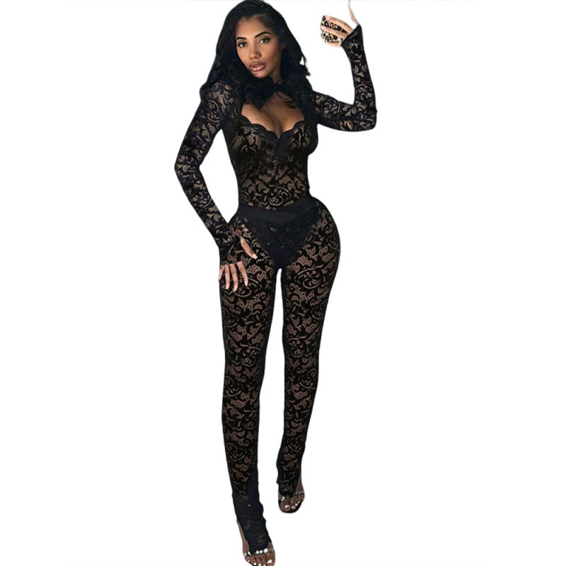 Sexy Damen Spitzen Jumpsuit – transparent, Slim Fit & Cut-Out Design