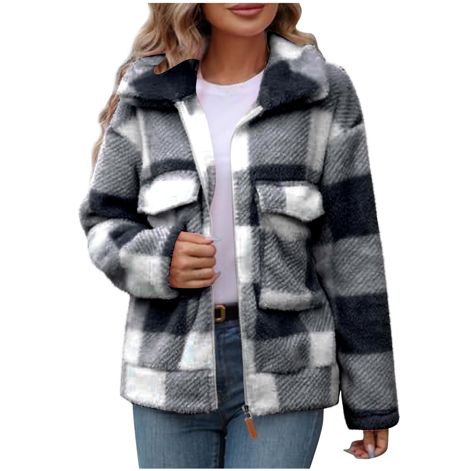 Warme Damen Fleece-Jacke mit Karomuster und weichem Teddyfell