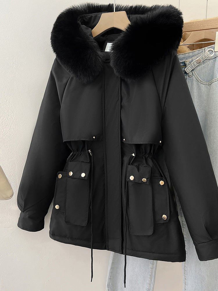 Damen Oversize Steppmantel aus Baumwolle mit großem Kunstfellkragen