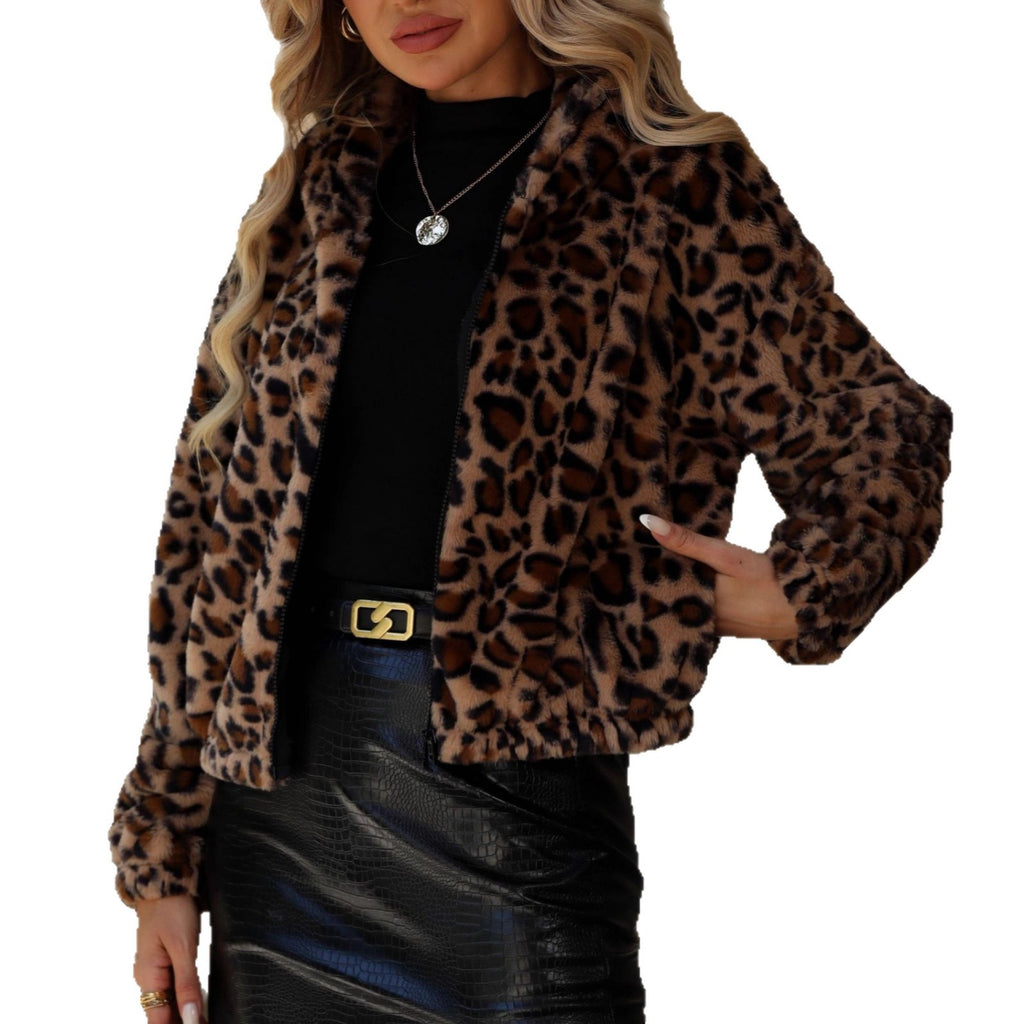 Damen Oversize Plüschjacke mit Leopardenprint & Reißverschluss