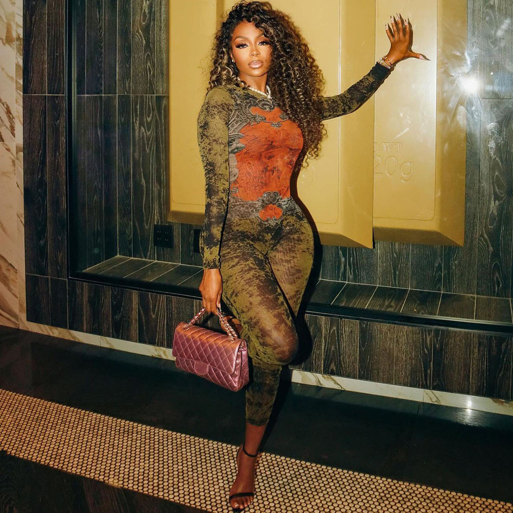 Sexy Damen Mesh Jumpsuit mit Print – High Waist, Slim Fit & Reißverschluss